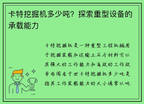 卡特挖掘机多少吨？探索重型设备的承载能力